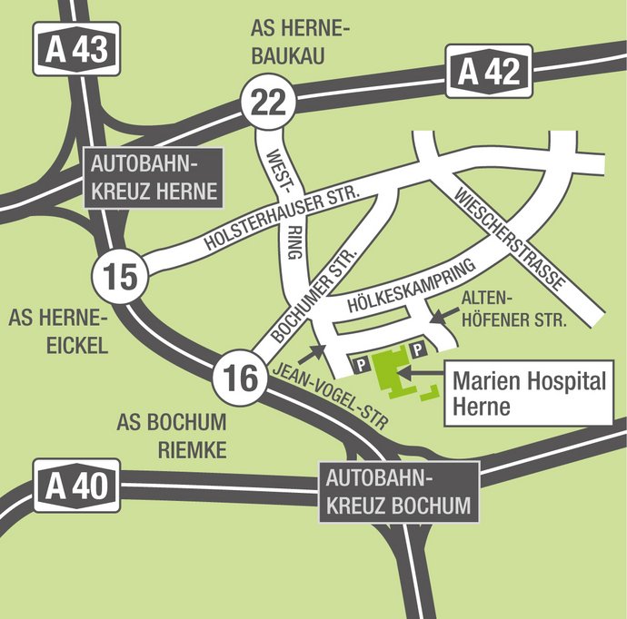 Anfahrtskarte Marien Hospital Herne - Standort Mitte