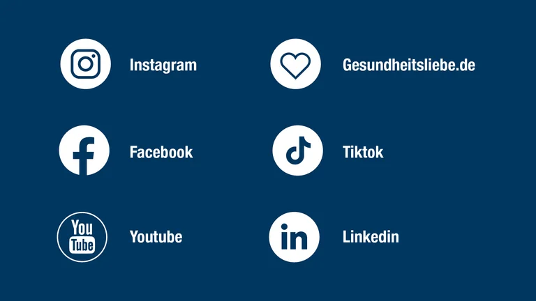 Bild mit Icons der Social Media Kanäle: Facebook, Instragram, Youtube, Linkedin, Tiktok und dem Blog Gesundheitsliebe
