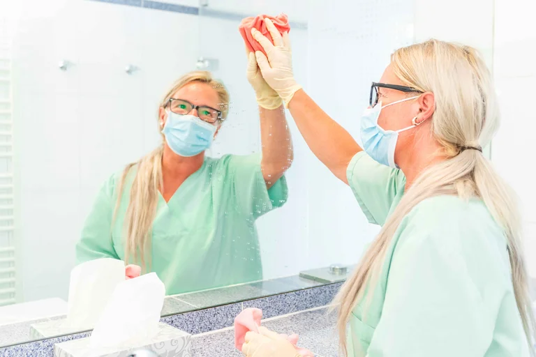 Als Reinigungskraft reinigt Carmen Putzig einen Spiegel im Patientenzimmer.