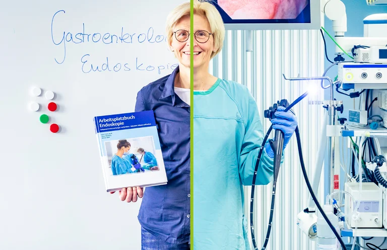 Collage: Dr. Monika Engelke beim Lernen für die Promotion und in der Endoskopie