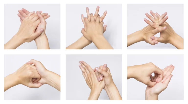 Die korrekte Hygiene der Hände wird gezeigt.